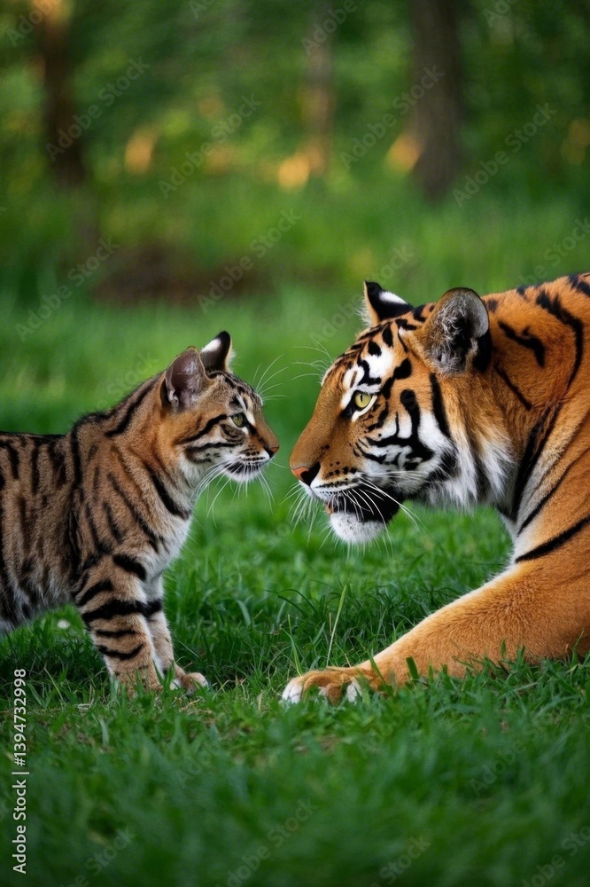 there are two tigers that are standing in the grass together there are two tigers that are standing in the grass together