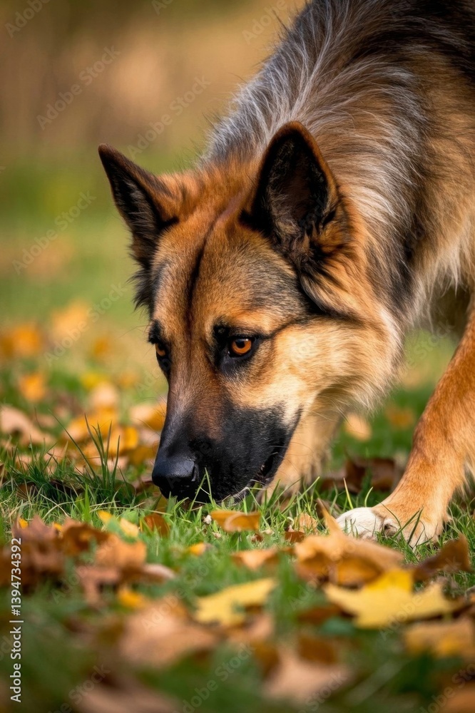 there is a dog that is sniffing the ground in the grass there is a dog that is sniffing the ground in the grass
