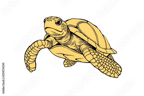 Graceful yellow turtle line drawing with black outline, swimming elegantly in water - a serene depiction of marine life and beauty