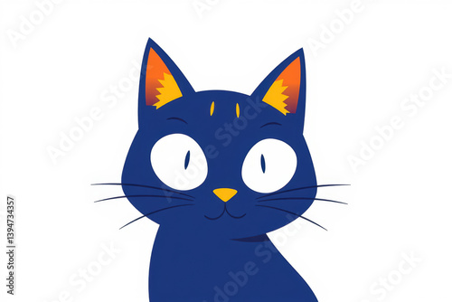 Playful blue cat with orange ears, yellow nose, and big white eyes on a white background - quirky and charming feline art