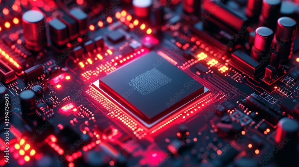 Advanced Microprocessor Technology - Close-up view of a powerful microprocessor on a circuit board, illuminated with red lighting. High-tech technology concept