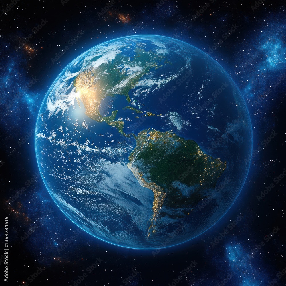 Obraz premium Earth from Space South America Focus Vibrant Colors Sunlight Clouds Atmosphere