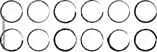 Set of Hand-Drawn Textured Circle Frames vector illustration. Textured brush stroke ink outline shape vector illustration