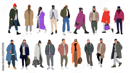 Bundle of modern people wearing Street fashion autumn, winter warm clothes. Men and women  in trendy outwear standing and walking. Cartoon characters vector illustration on transparent background.