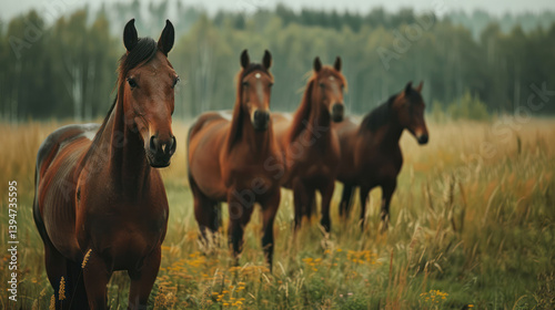 Crowd of brown horses standing on meadow in summer time.