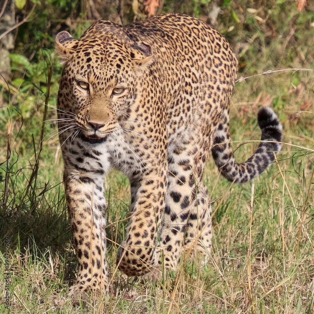Leopard walking in the African savanna looking for preys Leopard walking in the African savanna looking for preys