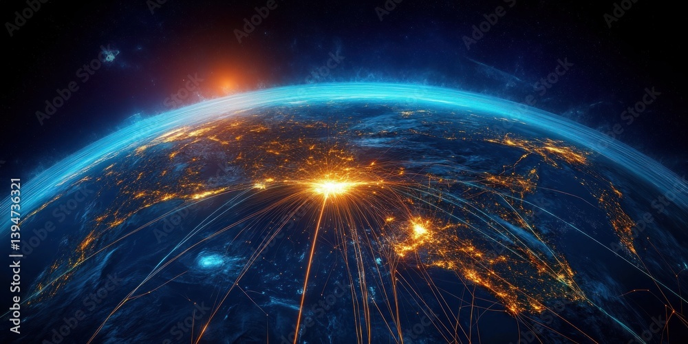 Obraz premium Glowing Air Route Network Connecting Earth Over Pacific Ocean with Detailed Terrain Relief in 3D Digital Art