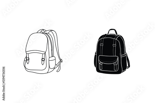 Two Backpack Illustrations One In White Outline And One Black Filled On White