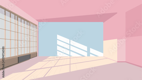 A room with a pink wall and a window. The room is empty and has a lot of light coming in from the window