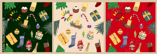 Christmas holiday flat vector seamless pattern. Winter season symbols texture. Traditional xmas attributes decorative backdrop. Christmas tree toys, sweets,  gift boxes, champagne bottle illustration.