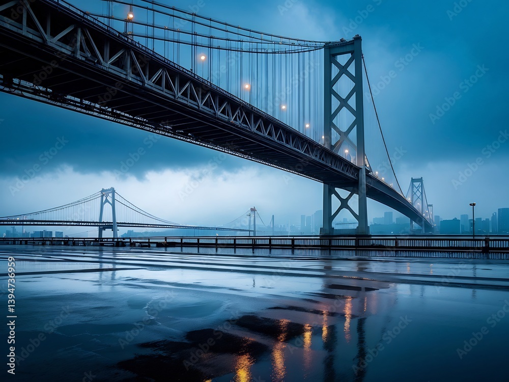 Fototapeta premium Bridge and Cityscape Under a Cloudy Sky