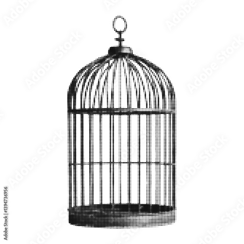 Halftone collage birdcage. Isolated vector.
