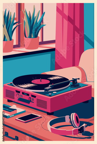 Retro music poster wit vintage record player. Vector art illustration	
