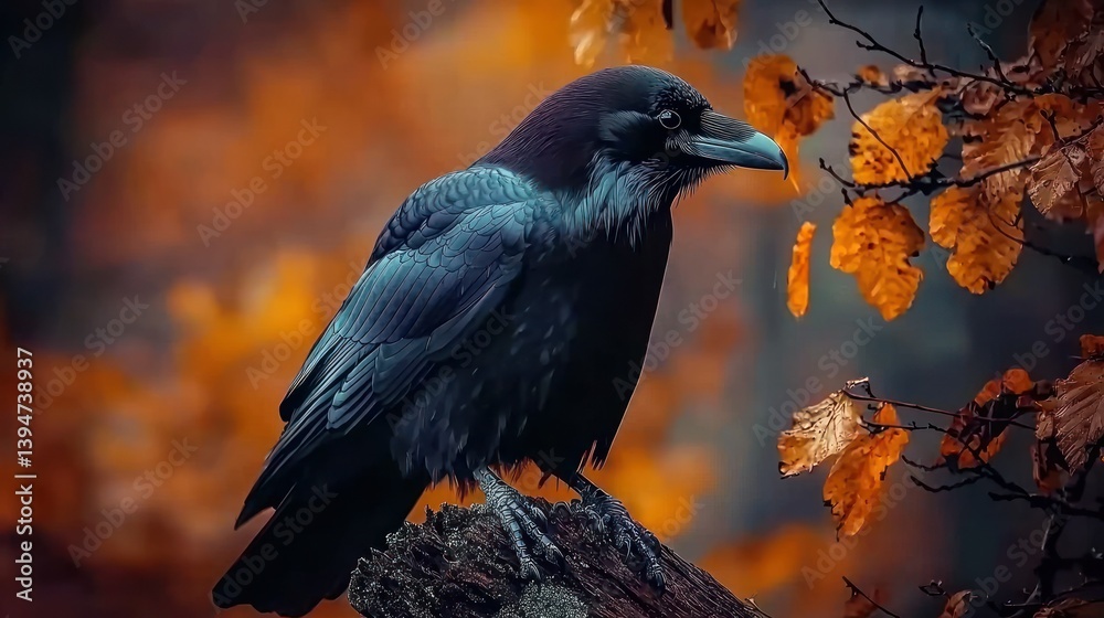 Fototapeta premium Dark crow perches on a branch amidst autumnal leaves, moody atmosphere