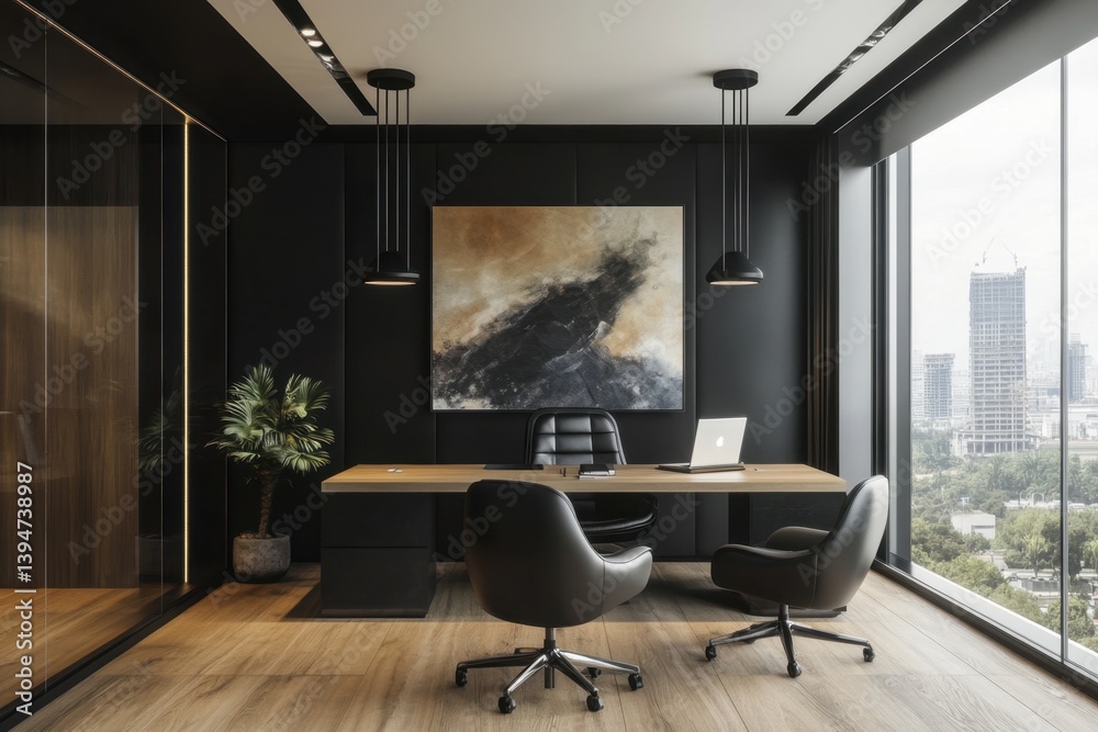 Fototapeta premium Modern, sophisticated office space with a dark, elegant aesthetic. Large windows offer city views. 