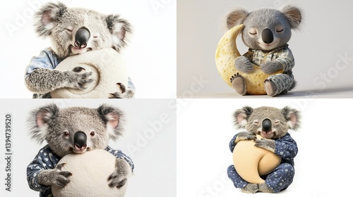 Adorable koala bear hugging moon, sleeping. photo