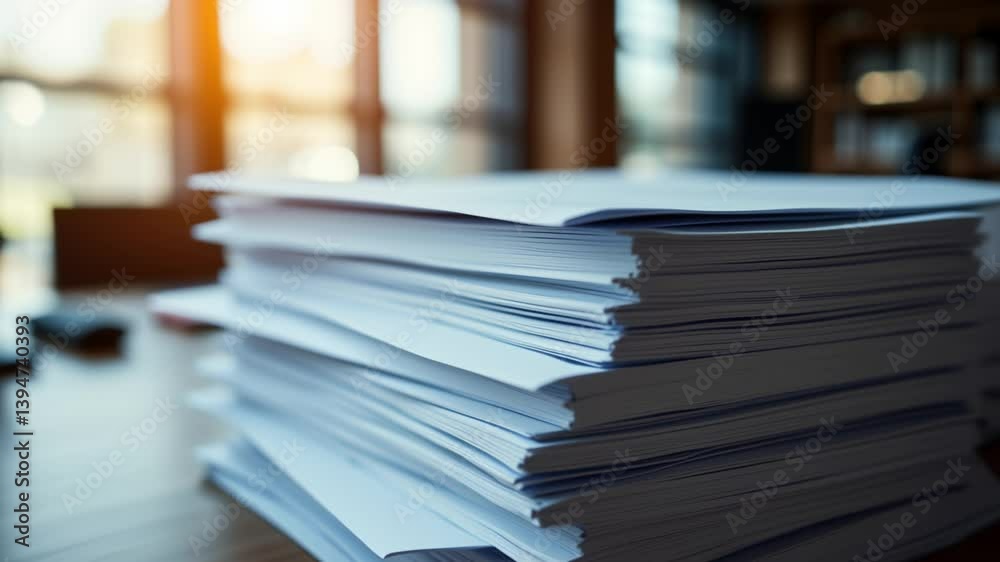 Close-Up View of Stacked Document Papers with Soft Focus and Warm Lighting in an Office Environment for Office Use and Organization Purposes