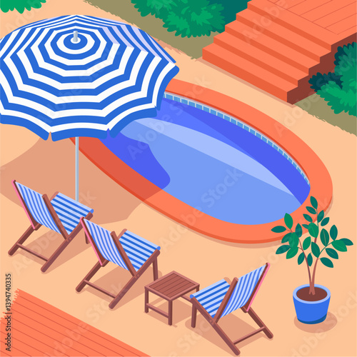 Patio pool with a blue and white umbrella and several lounge chairs. The chairs are arranged around the pool, and a potted plant is nearby. The scene conveys a relaxing and leisurely atmosphere