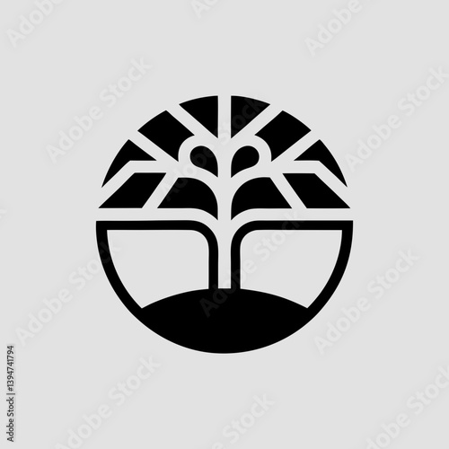 An eco-friendly logo with a tree whose branches form solar cells and wind blades