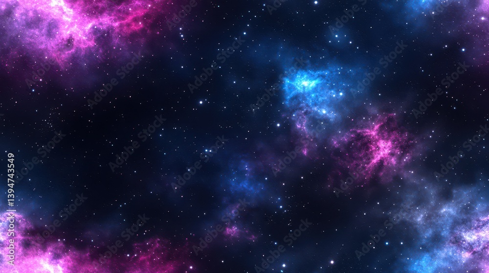 Naklejka premium Cosmic Symphony: A mesmerizing tapestry of nebulae and stars in vibrant hues of pink, purple, and blue, showcasing the infinite beauty and mystery of space.