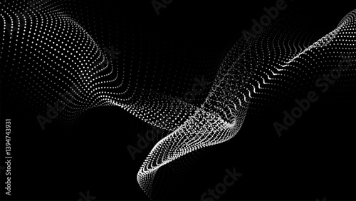 Wave of flowing particles on a dark background. Abstract backdrop with dynamic elements of waves and dots. Vector