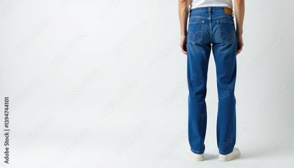 Classic straight-leg jeans, crisp white backdrop , raw denim, button Classic straight-leg jeans, crisp white backdrop , raw denim, button