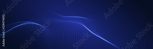 Wave of flowing particles on a dark background. Abstract backdrop with dynamic elements of waves and dots. Vector