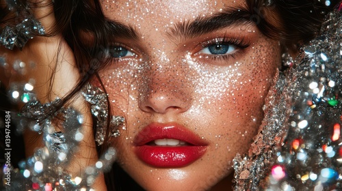 Glamorous Radiance: A close-up shot of a glamorous woman radiates beauty, her face adorned with shimmering glitter, with striking features in a captivating display.
