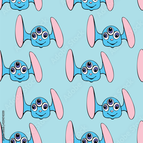 Seamless pattern with funny Aliens heads in doodle flat style. Humanoids, visitors, Martians. Vector cute background, texture on theme of space, UFO, fantastic, kids design