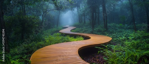 Wallpaper Mural A winding wooden path meanders through a lush, misty forest, inviting exploration and evoking a sense of mystery and tranquility in nature. Torontodigital.ca