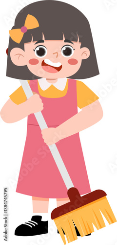 Joyful Girl with Broom, Cleaning Illustration