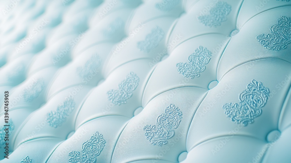 Obraz premium Embossed, buttoned light blue material with decorative floral pattern close-up, diagonally