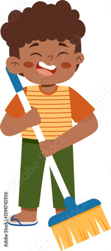 Joyful Boy with Broom, Cleaning Illustration