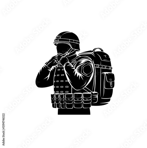 Special soldier is ready for war vector in black color with white bakground. Commando is fully prepared for fight illustration.