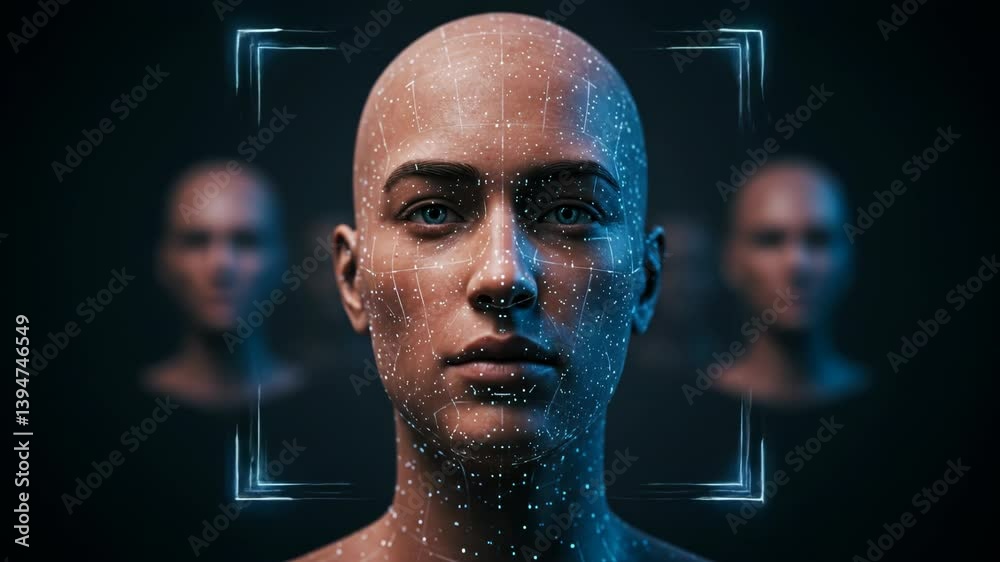 Face scanned by facial recognition systems in high-tech environment. Concept of artificial intelligence, identity, surveillance, and biometric technology in digital security
