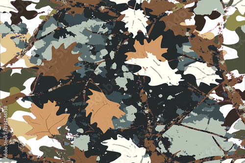 Realistic forest camouflage. Seamless pattern. Vector camouflage pattern. Deer hunting background. Conifer tree, branches and leaves. Useable for hunting and military purposes.