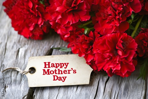A vintage paper tag with "Happy Mother's Day" beside a bouquet of vibrant red carnations on a reclaimed wooden surface.