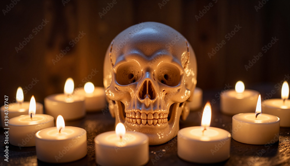 Glowing sugar skull surrounded by candles in soft lighting for Halloween decor, Day of the Dead celebrations, cultural art, and themed events Glowing sugar skull surrounded by candles in soft lighting for Halloween decor, Day of the Dead celebrations, cultural art, and themed events
