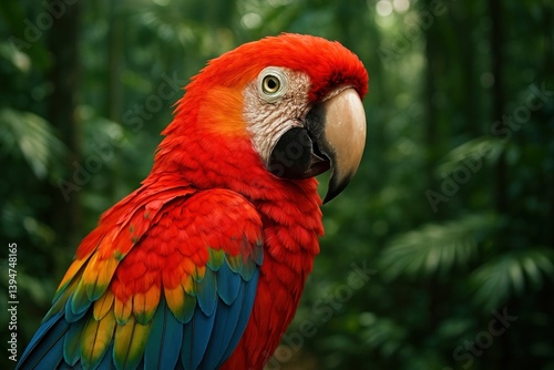 Vibrant parrot in lush rainforest.