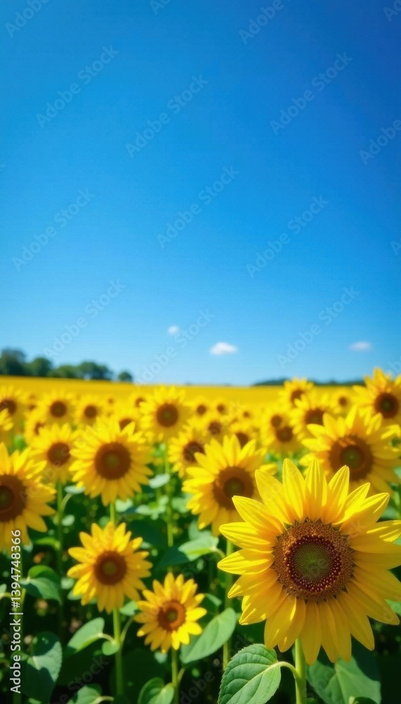 Fototapeta premium Vast sunflower field, vibrant yellow blooms under a clear blue sky , bright, botany