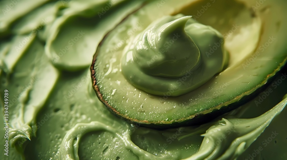 Fototapeta premium Close up shot of creamy, rich avocado frosting on the top right corner with only an open half avocados in the center, Generative AI illustrations.