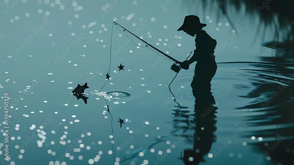 Close up of simple minimalist graphical logo design, the content of the logo featuring a person fishing, Generative AI illustrations.