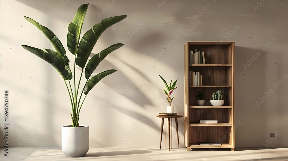 A large plant in a white pot, placed on the floor against an empty wall with a wooden bookcase and a small side table, creating a simple yet elegant indoor scene, Generative AI illustrations.