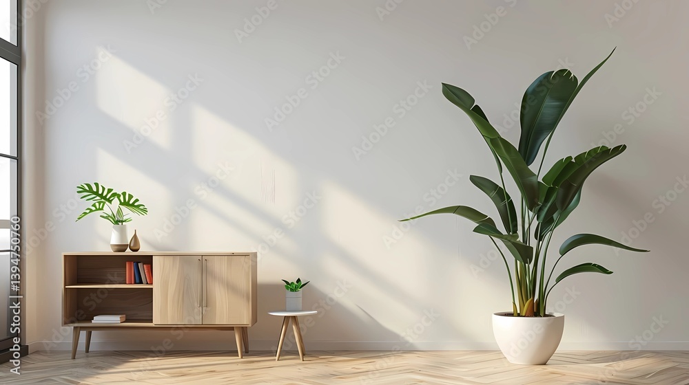 A large plant in a white pot, placed on the floor against an empty wall with a wooden bookcase and a small side table, creating a simple yet elegant indoor scene, Generative AI illustrations.