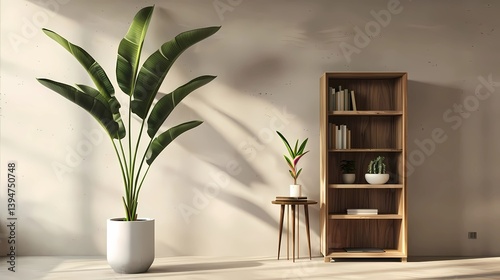 Obraz na płótnie A large plant in a white pot, placed on the floor against an empty wall with a wooden bookcase and a small side table, creating a simple yet elegant indoor scene, Generative AI illustrations. w salonie