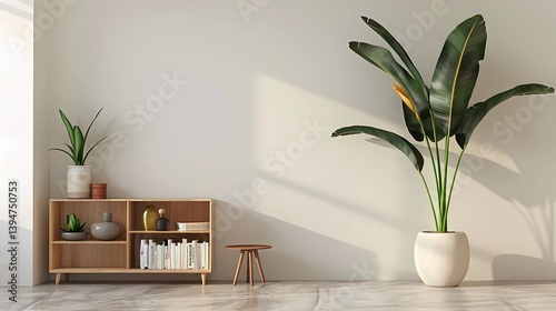 Obraz na płótnie A large plant in a white pot, placed on the floor against an empty wall with a wooden bookcase and a small side table, creating a simple yet elegant indoor scene, Generative AI illustrations. w salonie