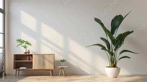 A large plant in a white pot, placed on the floor against an empty wall with a wooden bookcase and a small side table, creating a simple yet elegant indoor scene, Generative AI illustrations.