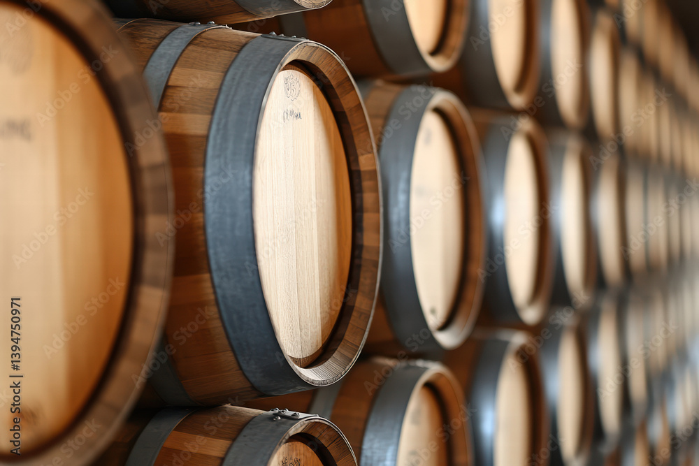 Oak Barrel stacked in room for wine process. Oak Barrel stacked in room for wine process.