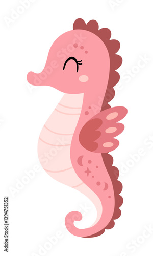 Cute sea horse, isolated cartoon character. Ocean animal hand drawn vector illustration in flat style	
