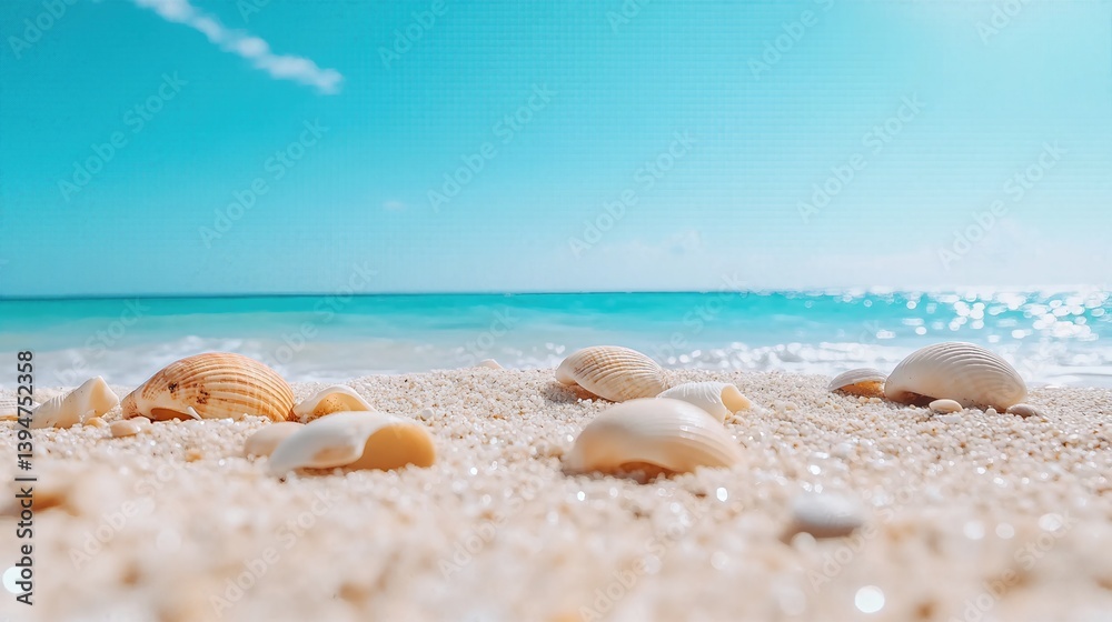 Coastal Serenity: A close-up view of various seashells delicately scattered on the warm, sandy beach, meeting the tranquil turquoise ocean under a clear, azure sky. Coastal Serenity: A close-up view of various seashells delicately scattered on the warm, sandy beach, meeting the tranquil turquoise ocean under a clear, azure sky.